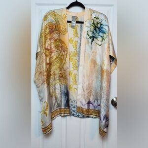 Chicos BoHo 100% Silk Paisley Watercolor Poncho Ruana Kimono One Size L/XL